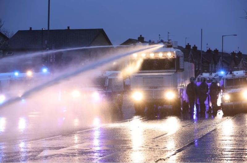 &nbsp;The PSNI use a water cannon on the Springfield Road, during further unrest in Belfast on April 8 2021
