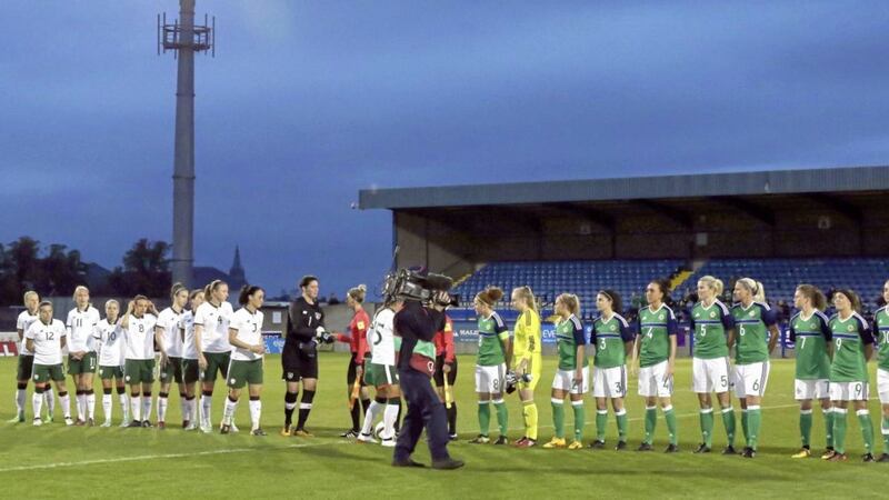 The teams lined up before the start of the Northern Ireland v Republic of Ireland Women&#39;s World Cup Qualifier on Tuesday, but no flags and anthems were allowed. Picture by David Hunter/Pacemaker 