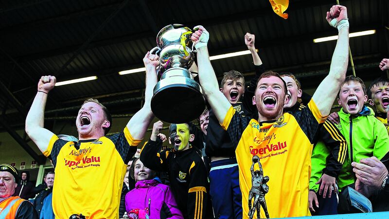 Ramor United&rsquo;s Damien Barkey and Jack Brady lift the Oliver Plunkett Cup after defeating Castlerahan in yesterday&rsquo;s Cavan SFC final replay at Kingspan Breffni Park. &nbsp;Picture by Philip Walsh&nbsp;