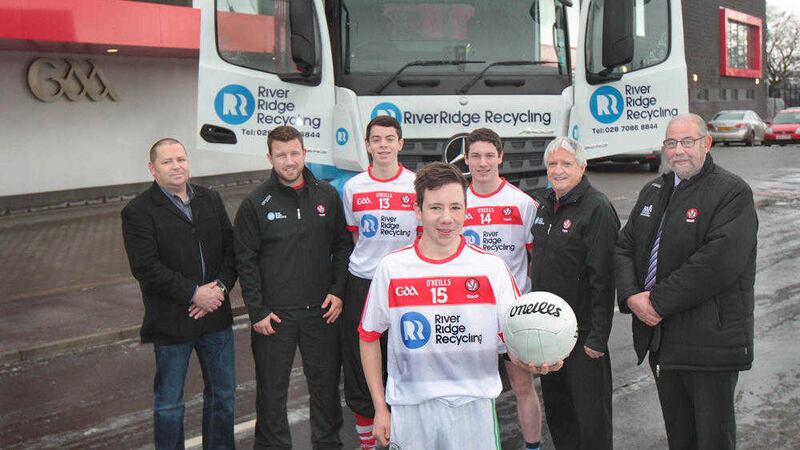 Pictured at the launch of Derry's new partnership with River Ridge Recycling are (l-r) &Eacute;amon Doherty, financial director at River Ridge; Chris Collins, Derry's games development manager; Derry director of football Brian McIver; Derry GAA chairperson Brian Smith and development squad players Conal Logan (13), Jason McVey (15) and Peter Tohill (14) <br />Picture by Margaret McLaughlin