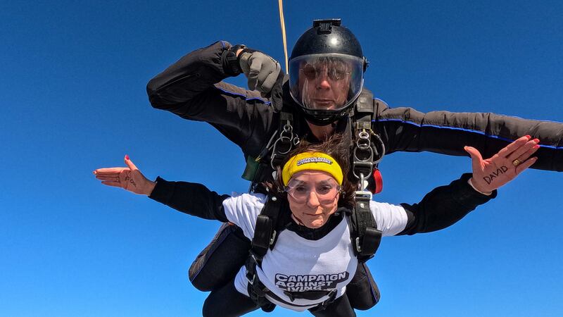 Shirley Ballas completes her Skyathlon (UK Parachuting/PA)