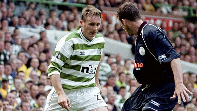 Celtic captain Tom Boyd is faced by Andy McLaren during the Celts 2-1 win over Kilmarnock at Celtic Park, Glasgow 