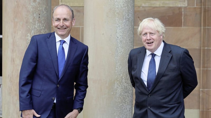 British Prime Minister Boris Johnson and Taoiseach Miche&aacute;l Martin ahead of a meeting at Hillsborough Castle in August 2020. Photo: Brian Lawless/PA Wire. 