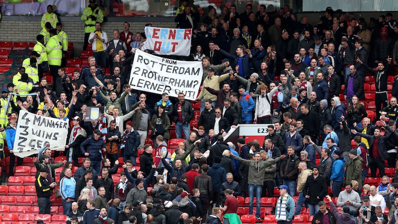 Aston Villa fans in the stands at Old Trafford after the Birmingham club was relegated from the Premier League on Saturday<br />Picture by PA&nbsp;