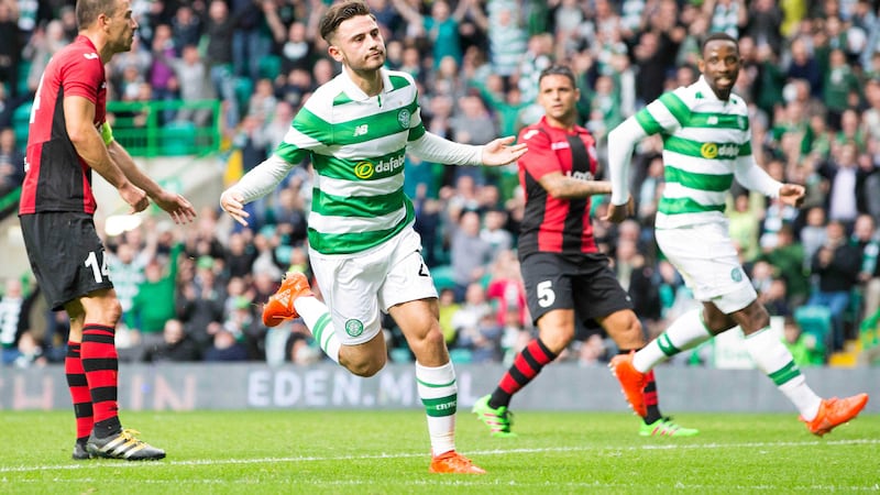 Celtic Patrick Roberts celebrates scoring his side's third goal of the game during the UEFA Champions League second qualifying round&nbsp;