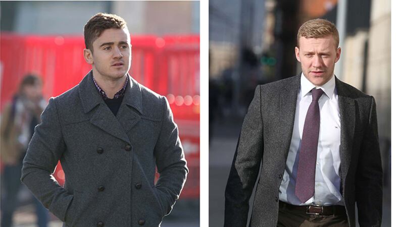 Paddy Jackson (left) and Stuart Olding arriving at court today. Pictures by Hugh Russell