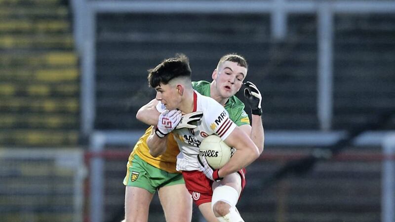Donegal&#39;s Ryan McShane with Conor Cush of Tyrone during the Ulster U20 Football Championship semi final at Celtic Park, on Friday night Picture: Margaret McLaughlin 