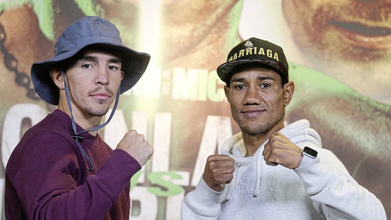 Michael Conlan and Miguel Marriaga up close and personal in yesterday&#39;s press conference at the Europa Hotel. Picture by Hugh Russell. 