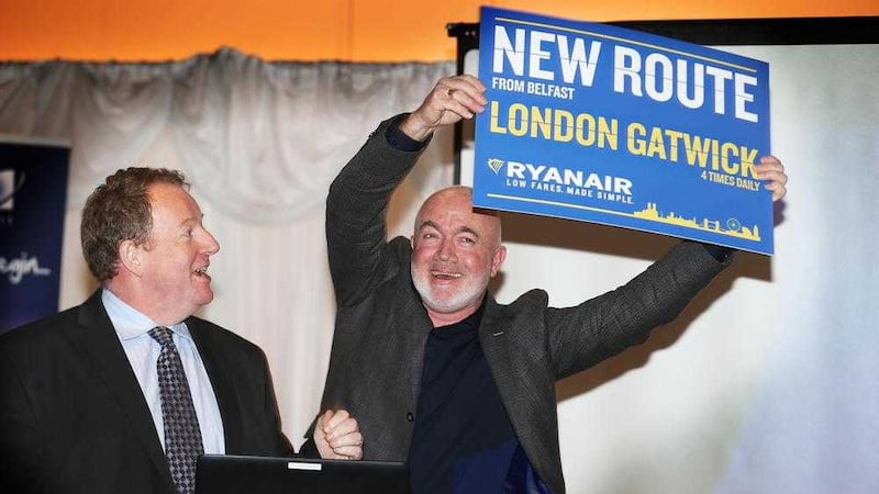 David O&#39;Brien (Ryanair) and Graham Keddie from Belfast International Airport announce Ryanair&#39;s new Aldergrove base. Picture: Hugh Russell 
