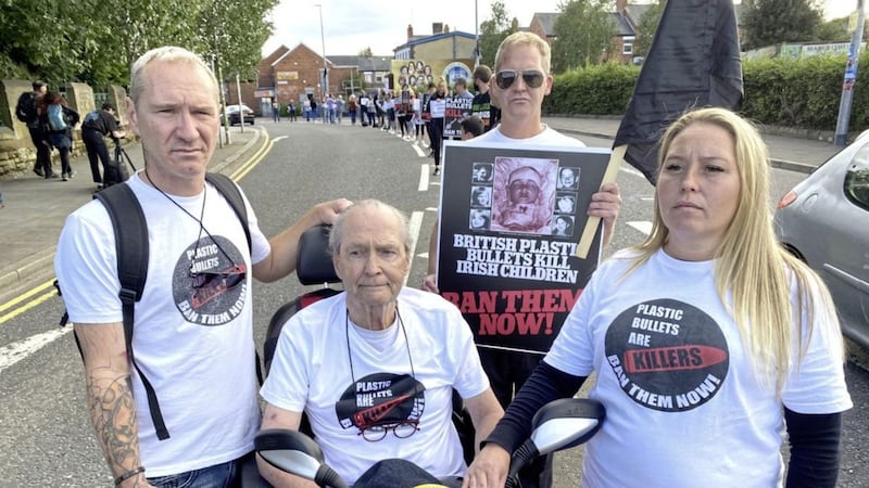 The family of Norah McCabe Paul, Jim, Aine and Jim snr at the annual plastic bullet rally in west Belfast. Picture by Mal McCann. 