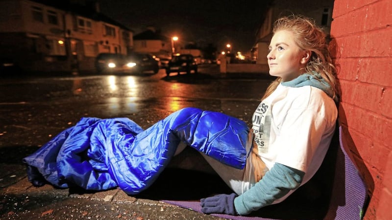 Caitlin Kane pictured during an overnight sleep-out with teenagers from St James&#39;s Forum to raise money and awareness for homeless people Picture courtesy of The Andersonstown News 