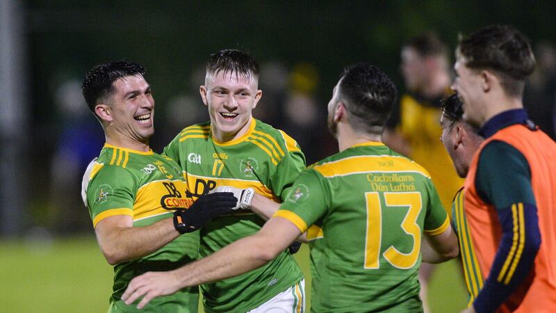Dunloy's first goal, and indeed the threat they carried all night, came from their use of the kick pass into the unoccupied space in front of Portglenone's goal. Picture: Mark Marlow