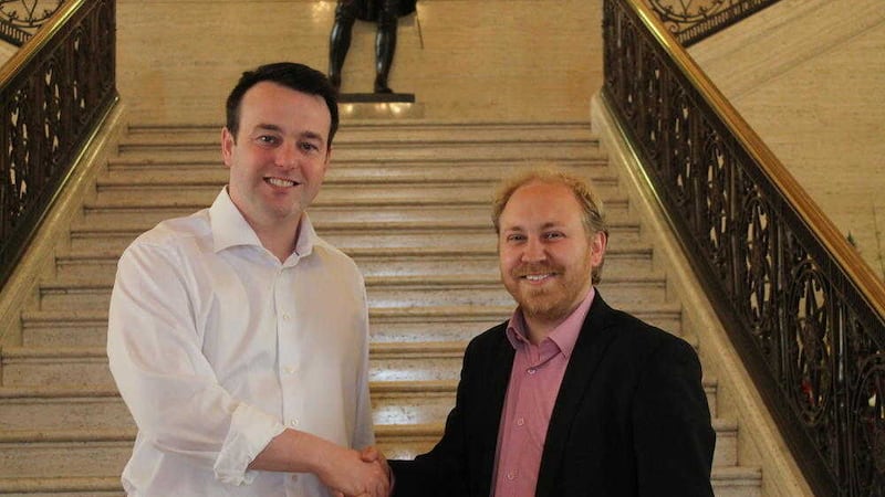 SDLP leader Colum Eastwood with his Green counterpart Steven Agnew at Stormont yesterday 