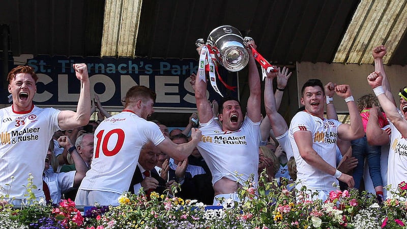 Tyrone captain Sean&nbsp;Cavanagh lifts the Anglo Celt cup.&nbsp;Picture by Philip Walsh