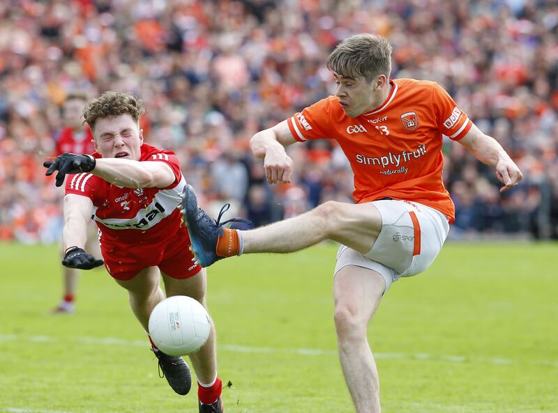 Andrew Murnin's shot is blocked by Eoin McEvoy. Picture: Philip McEvoy
