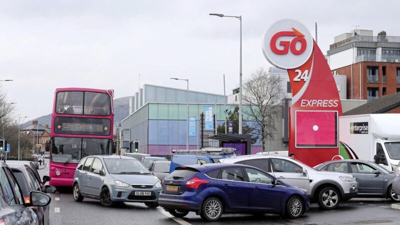 Traffic chaos on the Falls Road as 'GO' service station cuts its petrol and diesel to 99p. Picture Mal McCann.