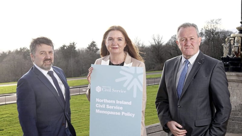 Health Minister Robin Swann, Head of the Civil Service Jayne Brady, and Finance Minister Conor Murphy yesterday launched a new Civil Service menopause policy 