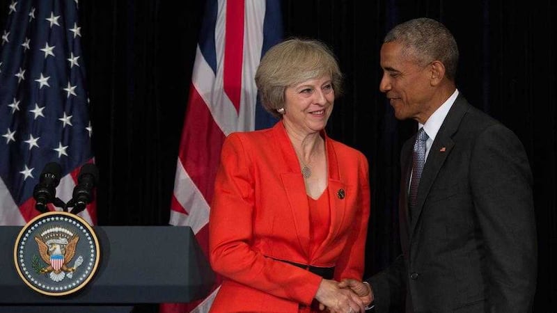 British prime minister Theresa May holds a news conference with US president Barack Obama before the start of the G20 Summit