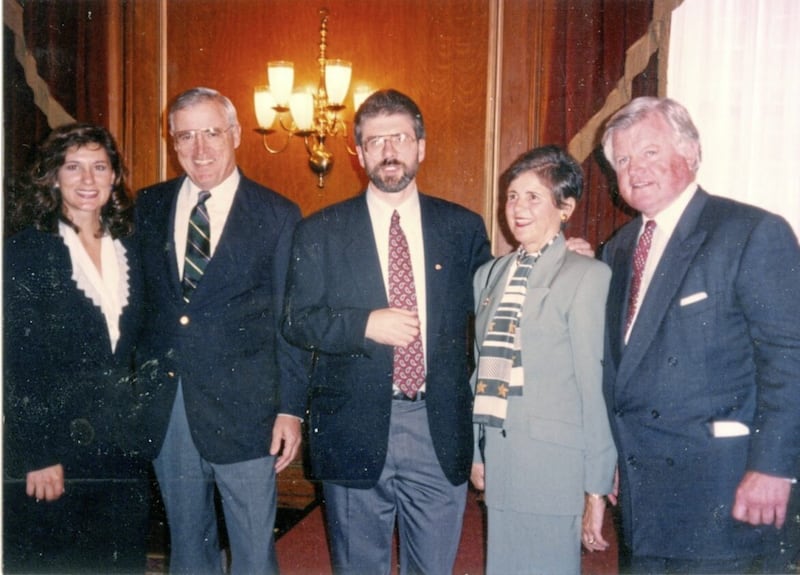 Hosting an event for Gerry Adams on his first visit to Boston in1994 &ndash; (l-r) Vicki Kennedy, John Cullinane, Gerry Adams, Diddy Cullinane and Senator Edward Kennedy. Picture courtesy of the Cullinane Archive 