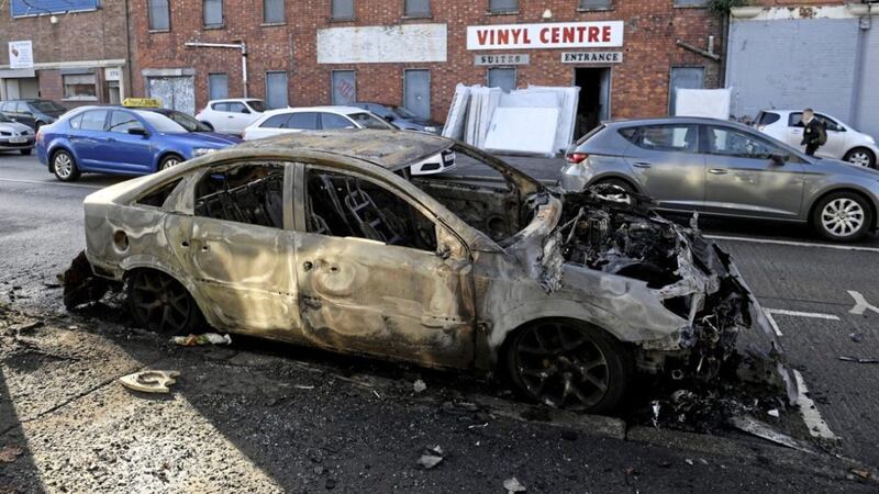 The remains of a vehicle set alight in a suspected arson attack at Albertbridge Road in the early hours of Monday. Picture by Justin Kernoghan 