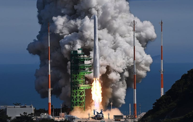 The Nuri rocket lifts off from a launch pad at the Naro Space Centre in Goheung, South Korea 