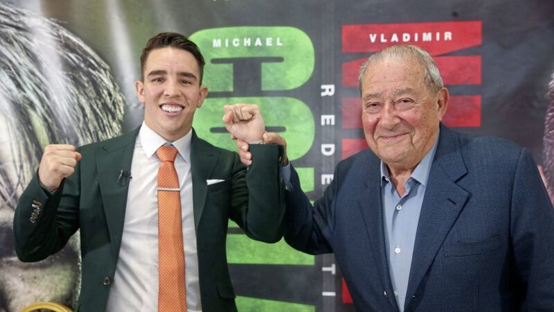 Michael Conlon who has announced that he will be fighting Vladimir Nikitin in Falls Park in August pictured with boxing promoter Bob Arum. Picture Mal McCann. 