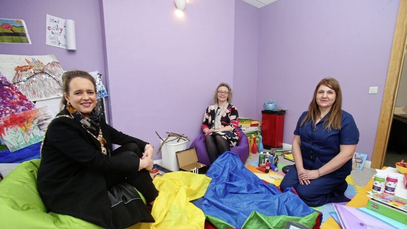 Belfast Lord Mayor Kate Nicholl at the launch of a new counselling service for children at PIPS Suicide Prevention Ireland on the Antrim Road in north Belfast. Also pictured are Ren&eacute;e Quinn, Executive Director of PIPS, and Suzi Button from Lorna Byrne Children&#39;s Foundation. Picture by Mal McCann 