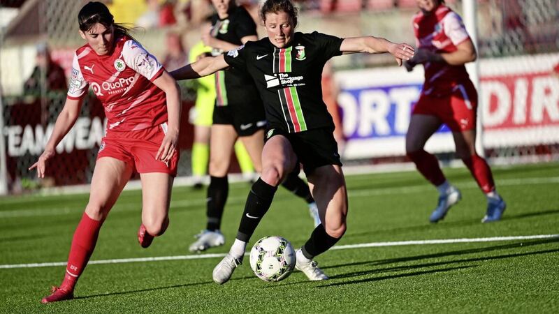 Cliftonville&rsquo;s Toni-Leigh Finnegan and Glentoran&rsquo;s Caragh Hamilton during Friday nights&#39; Sports Direct Women&#39;s Premiership game at Solitude in Belfast. Picture: Colm Lenaghan/ Pacemaker Press 