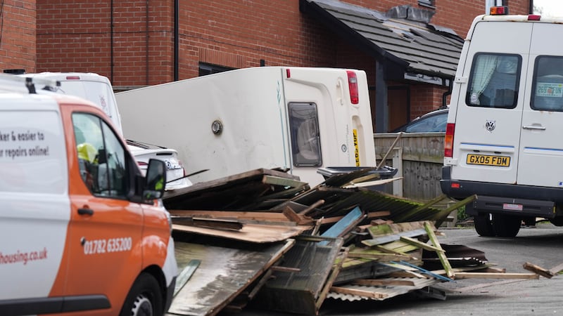 Debris and an overturned caravan on St Giles Road in Knutton, where high winds caused damage in the early hours of the morning