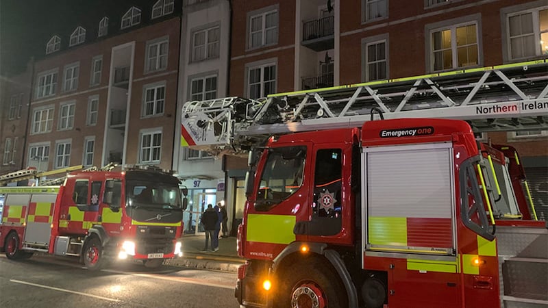 Fire crews were called to a blaze at an apartment block on Great Victoria Street in Belfast. Picture by David McCormick, Pacemaker