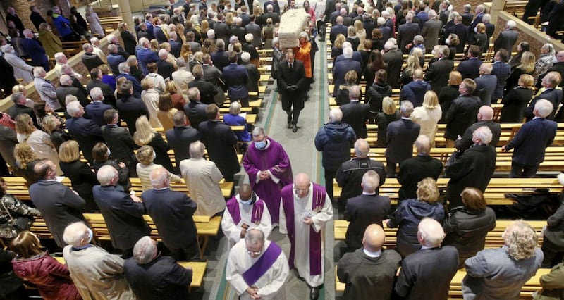 St Brigid&#39;s Church in Belfast following Requiem Mass for Irish News chairman Jim Fitzpatrick. Picture by Mal McCann. 