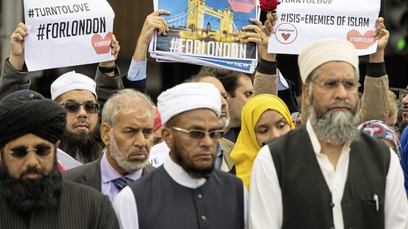 British imams and other religious leaders hold a vigil near to the scene of Saturday's terror attack at London Bridge <br />PICTURE: Dominic Lipinski/PA
