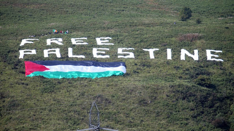 A Palestinian flag erected on Black Mountain outside Belfast when the Northern Ireland soccer team hosted Israel at Windsor Park in 2018
