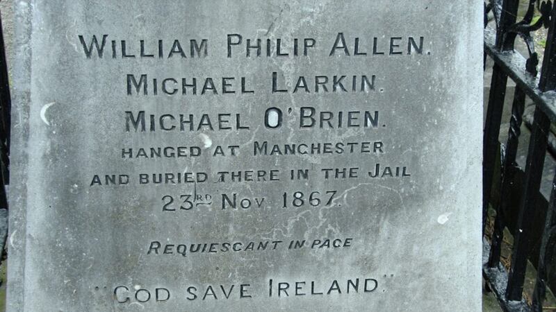Allen, Larkin and O&#39;Brien, the Manchester Martyrs of the Fenian Rising of 1867, declared &quot;God save Ireland&quot; after being sentenced to death 