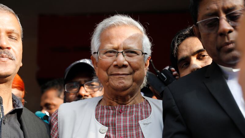 A labour court in Bangladesh has sentenced Nobel Peace Prize winner Muhammad Yunus to six months in jail for violating the country’s labour laws (Mahmud Hossain Opu/AP)