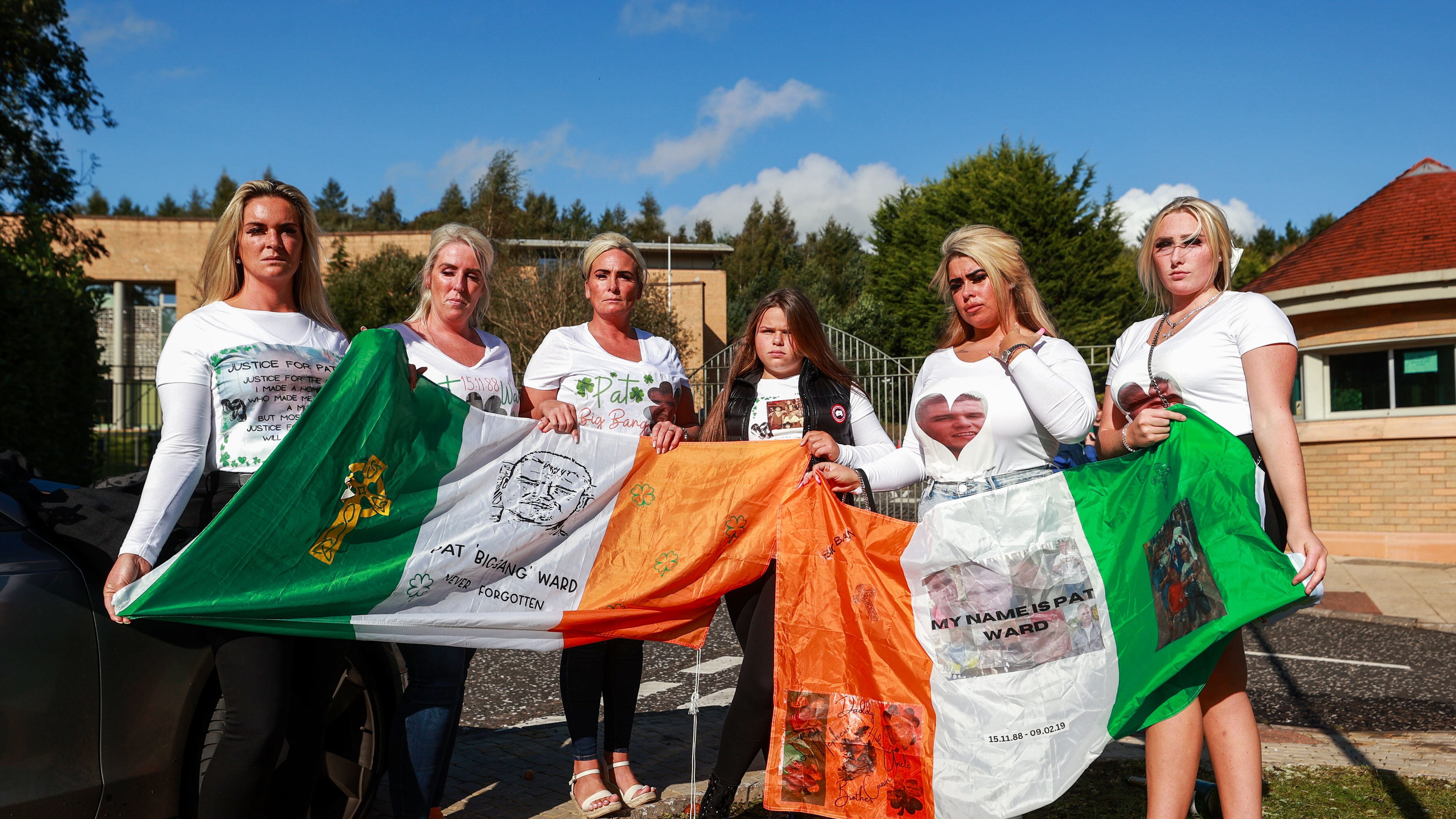 Ellen Ward (left), widow of Patrick Ward, with daughter Leonie (3rd right) and family members outside Dungannon Courthouse (Liam McBurney/PA)