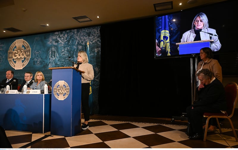 Clare Loughran, a daughter of Sean Brown, speaking during day one of the GAA Congress at The Abbey Hotel in Donegal.