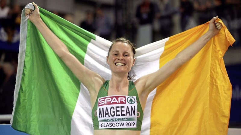Portaferry athlete Ciara Mageean celebrates winning bronze for Ireland at the Women&#39;s 1500m final during the European Indoor Athletics Championships in Glasgow last Sunday 
