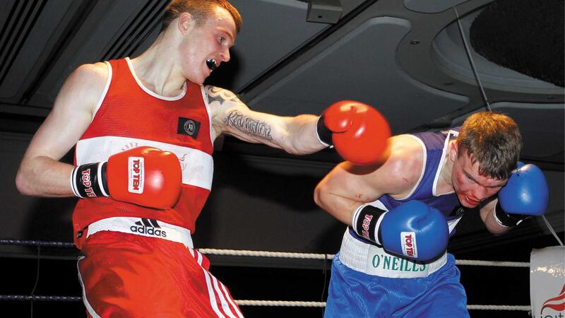 Stephen Donnelly (left) boxing at the The Ulster Elite Championships 2014 &nbsp;