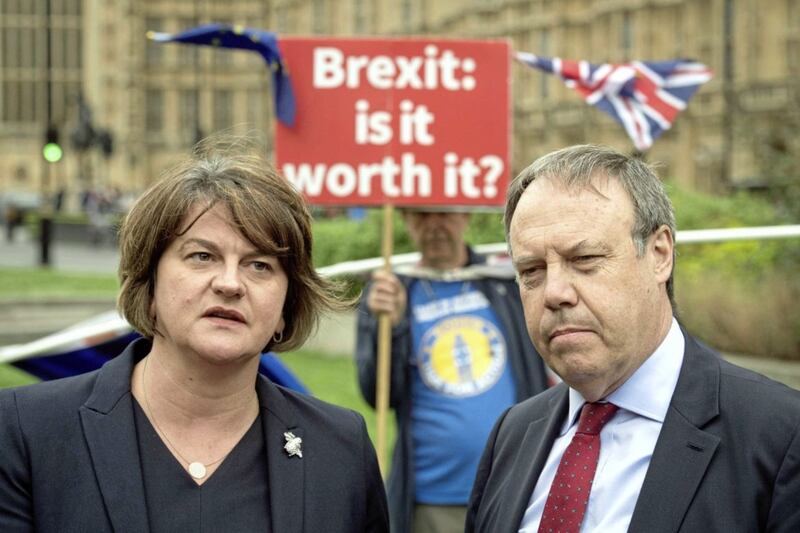 DUP leader Arlene Foster and deputy leader Nigel Dodds in Westminster, London, on September 12 2018 following a meeting with then British Prime Minister Theresa May and Northern Ireland Secretary Karen Bradley to discuss the powersharing impasse. Picture by Press Association&nbsp;