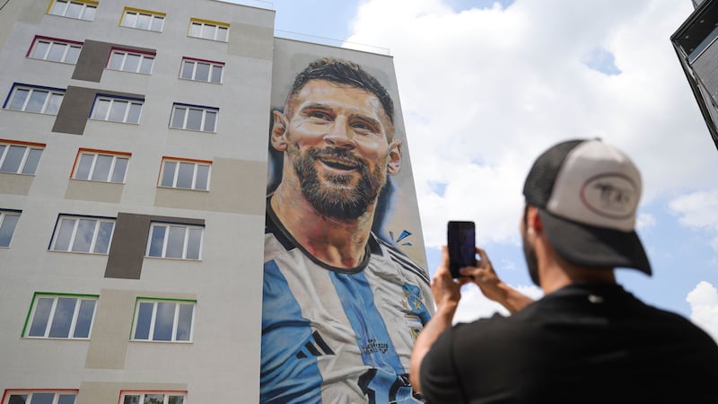 The 25×10-metre mural shows a bearded and smiling Messi wearing Argentina’s white-and-blue national team jersey with the No 10 on it.