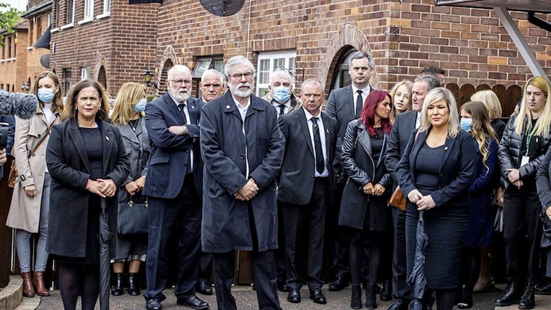 (left to right) Sinn F&eacute;in president Mary Lou McDonald, former leader Gerry Adams and Deputy First Minister Michelle O&#39;Neill attended the funeral of Bobby Storey in west Belfast. Picture by Liam McBurney/PA Wire 