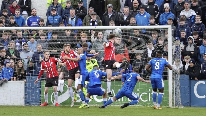 Derry City&#39;s Cameron McJannett heads the ball into the net for a his side&#39;s first goal in the Airtricity League Premier Division match against Finn Harps at Finn Park, Ballybofey on Saturday night                         Picture: Margaret McLaughlin  