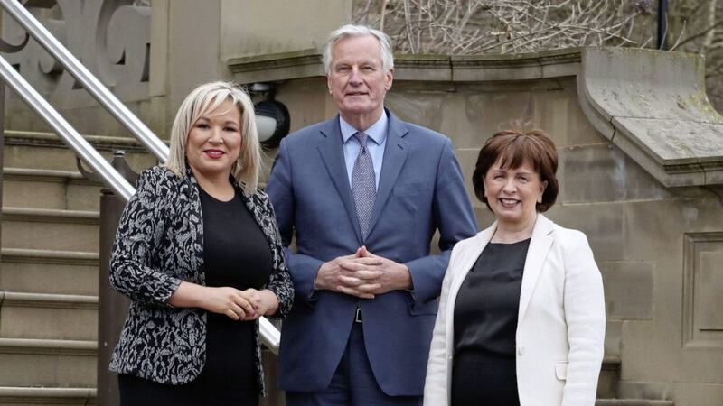 Deputy First Minister Michelle O&#39;Neill, left, and Economy Minister Diane Dodds with Michel Barnier at Stormont. Picture by Liam McBurney, Press Association 
