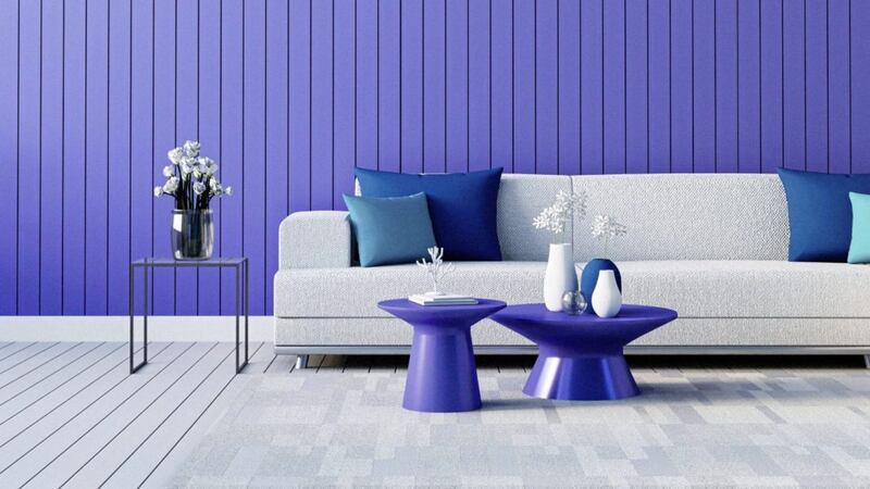 Purple blue wall in living room painted in Very Peri 