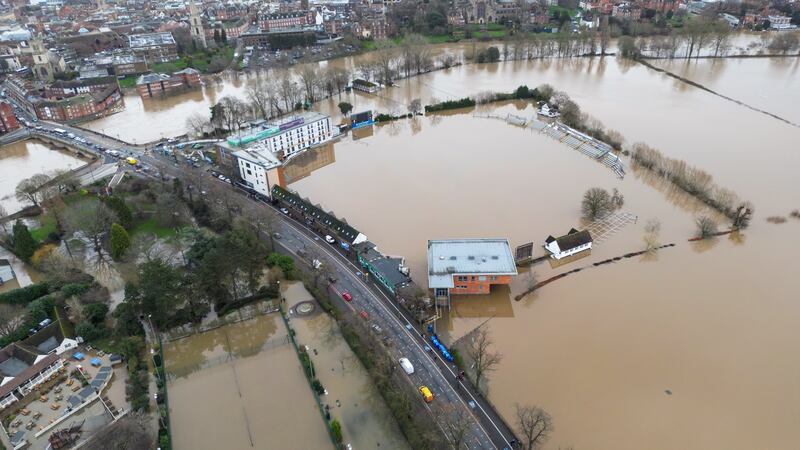 Worcestershire Cricket Ground in Worcester is flooded by the River Severn, following heavy rainfall