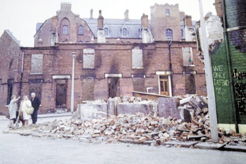 A rare colour photograph of a burned-out Bombay Street in 1969. Picture from Clonard Residents Association 