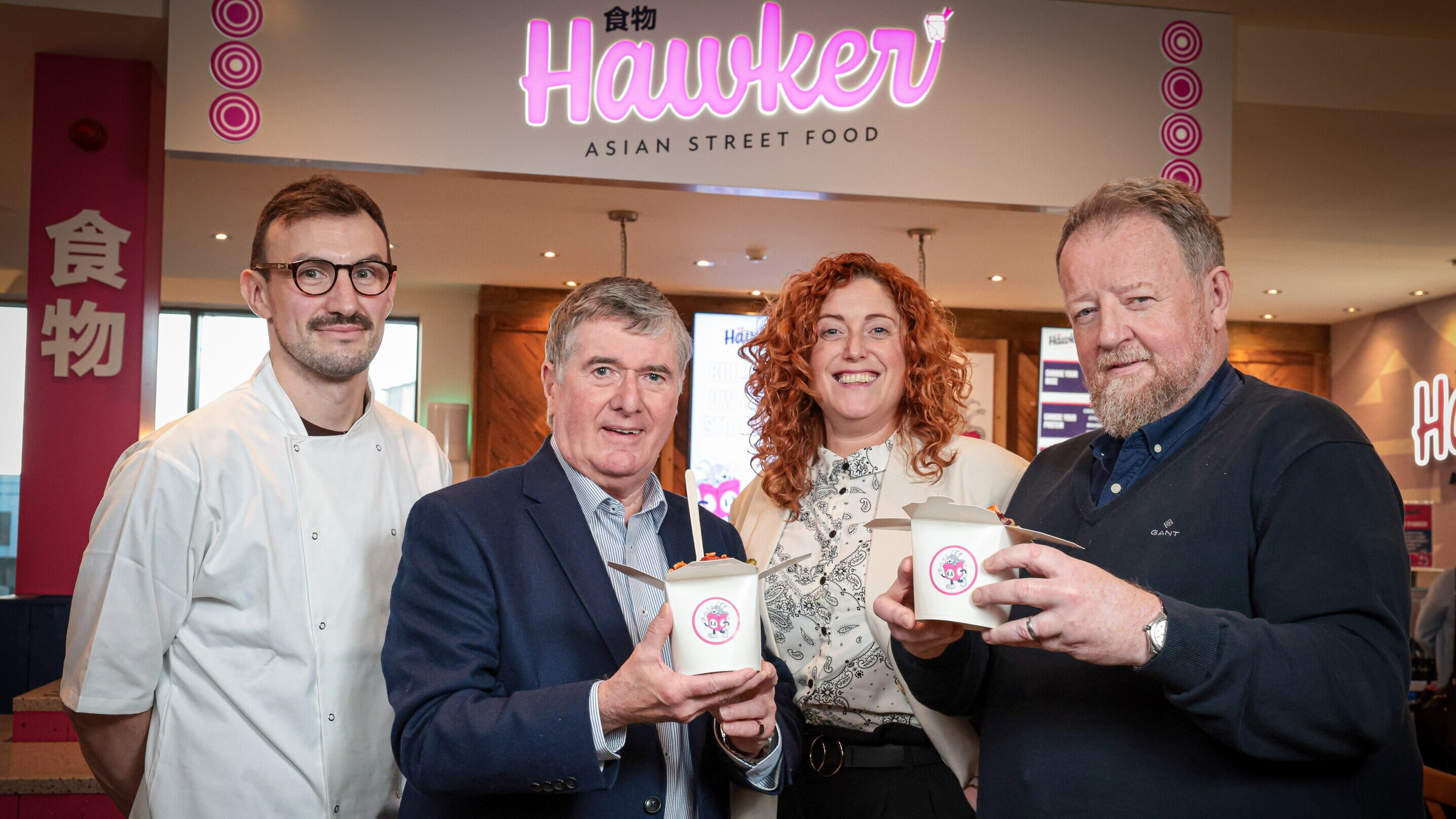 L-R: Matthew Wheatley, head chef, Hawker; Trevor Annon, Mount Charles; Stacey McAlister, operations director, Mount Charles; and Graham Keddie, managing director, Belfast International Airport.