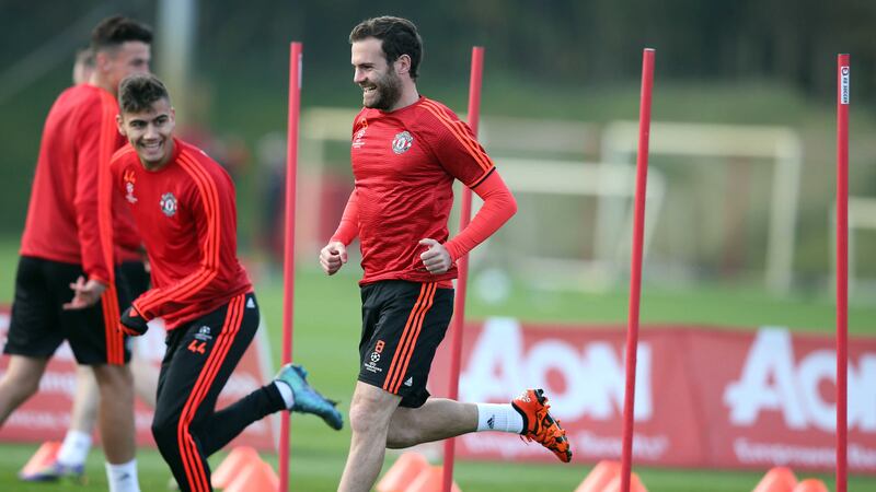 Manchester United's Juan Mata and Andreas Pereira during a training session at Carrington last week<br />Picture: PA