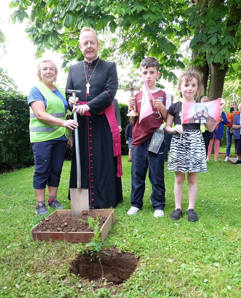 Archbishop Eamon Martin plants an oak tree with Rosaleen Quinn, who completed the Camino from Drogheda to Armagh, and PJ and Aine O'Hare who carried the relic of St Oliver Plunkett through Armagh to the Cathedral. Picture by LiamMcArdle.com